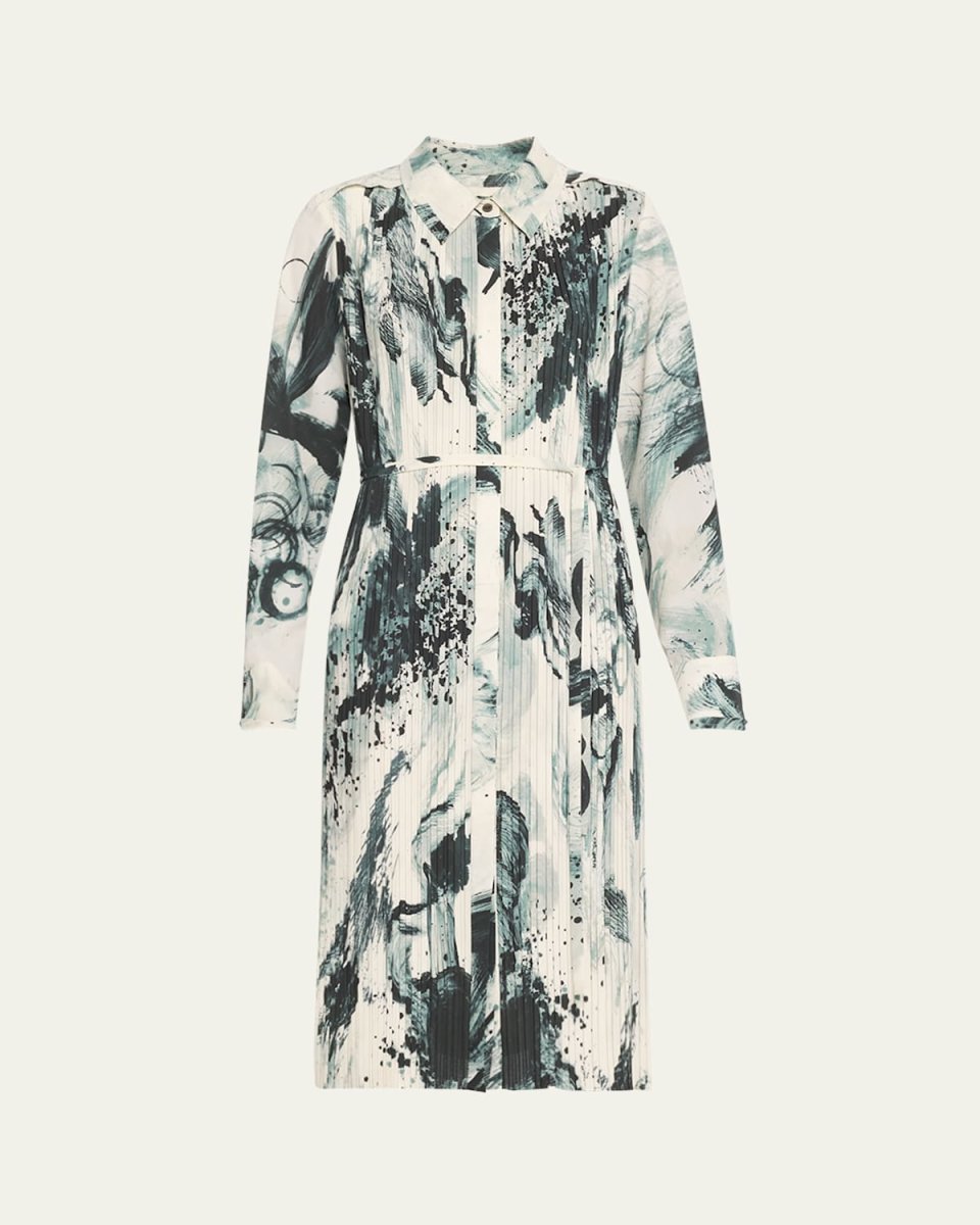 Brushstroke Print Box Pleated Shirtdress With Belt
